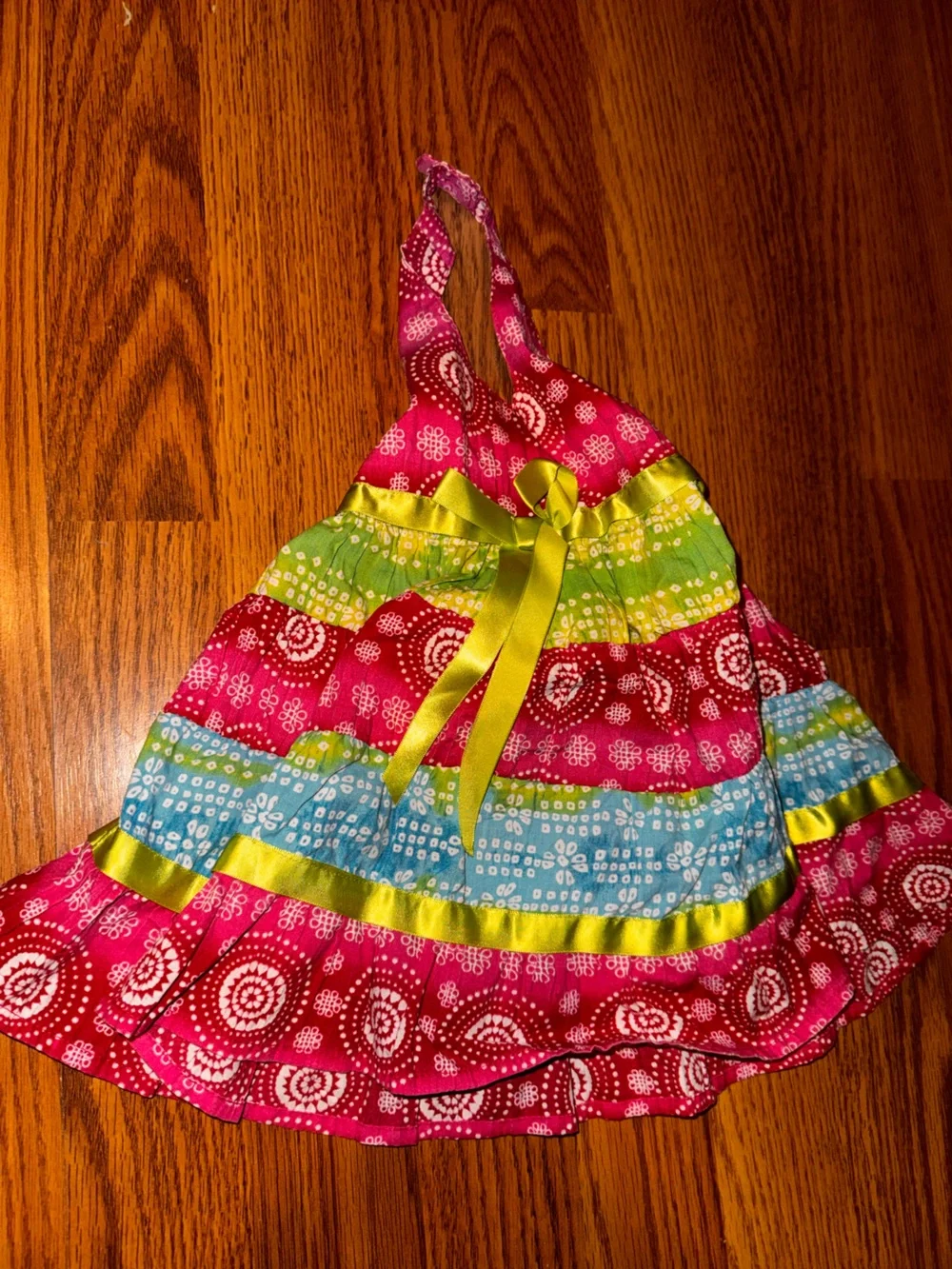 Blueberi Boulevard Pink, Green & Blue Tiered Halter Dress with Lime Ribbon